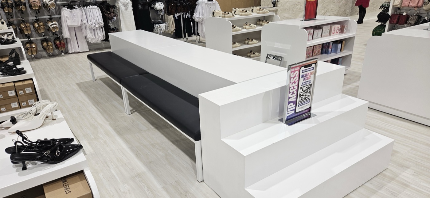 White display millwork — bench and steps